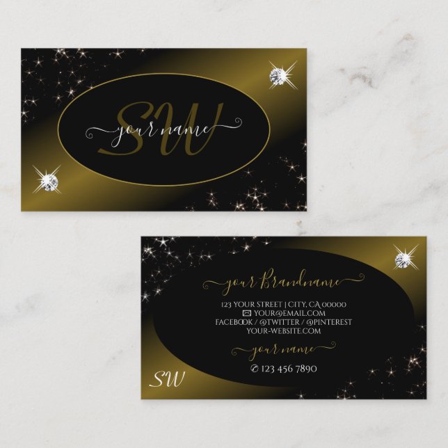 Luxury Black Guld Glitter Stars Diamonds Monogram Visitkort (Fram/baksida)