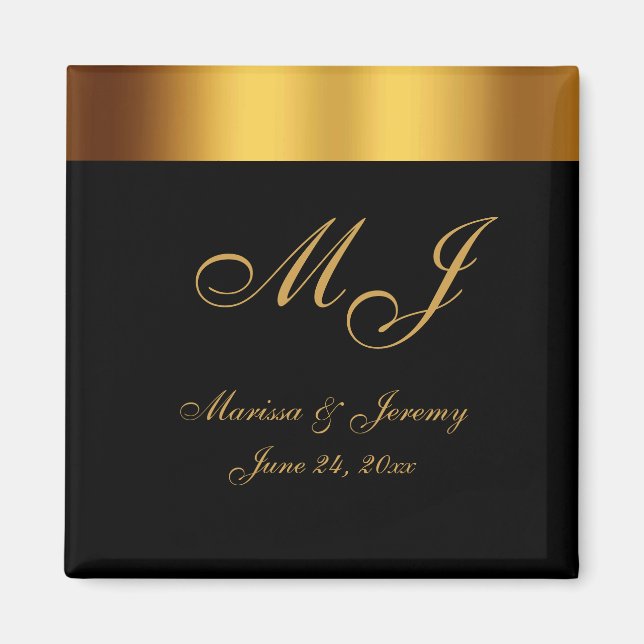 Luxury Black Guld Gräns Monogram Bröllop Magnet (Framsidan)