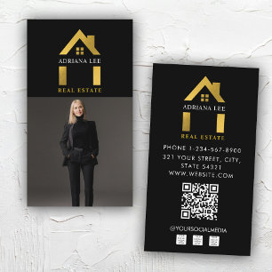Luxury Black Guld Photo Real Gods Agent QR-kod Visitkort