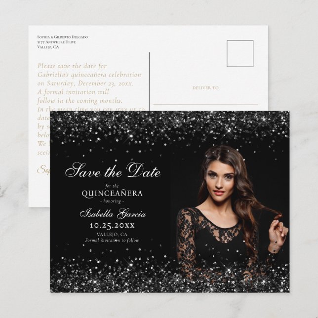 Luxury Black Guld Quinceañera Spara datum Vykort (Fram/baksida)