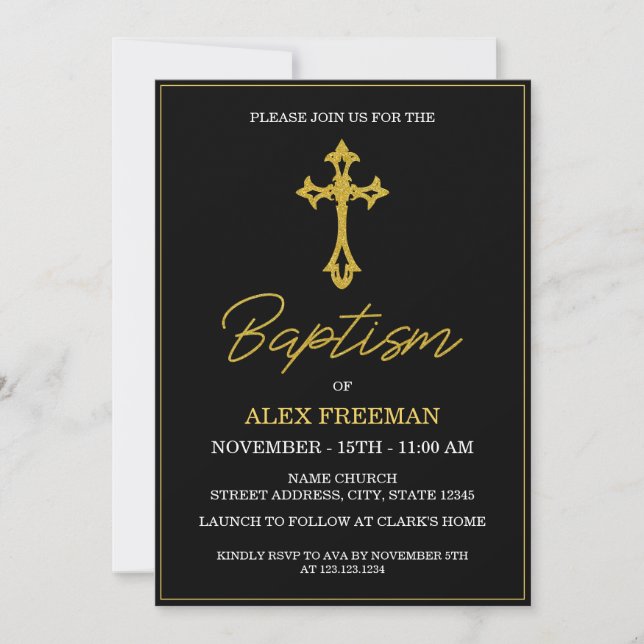 Luxury Black & Guld Script Gender Neutral Baptism Inbjudningar (Framsida)