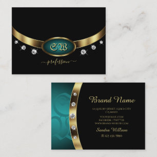 Luxury Black Guld Teal med Initialer och diamanter Visitkort