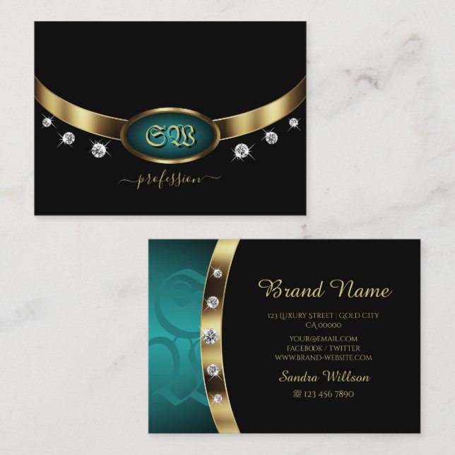 Luxury Black Guld Teal med Initialer och diamanter Visitkort (Fram/baksida)