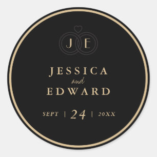 Luxury Black Guld Tied Ringar Monogram Bröllop Runt Klistermärke