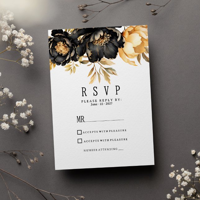 Luxury black ivory gold peony floral RSVP Inbjudningar (Luxury black ivory gold peony floral RSVP )