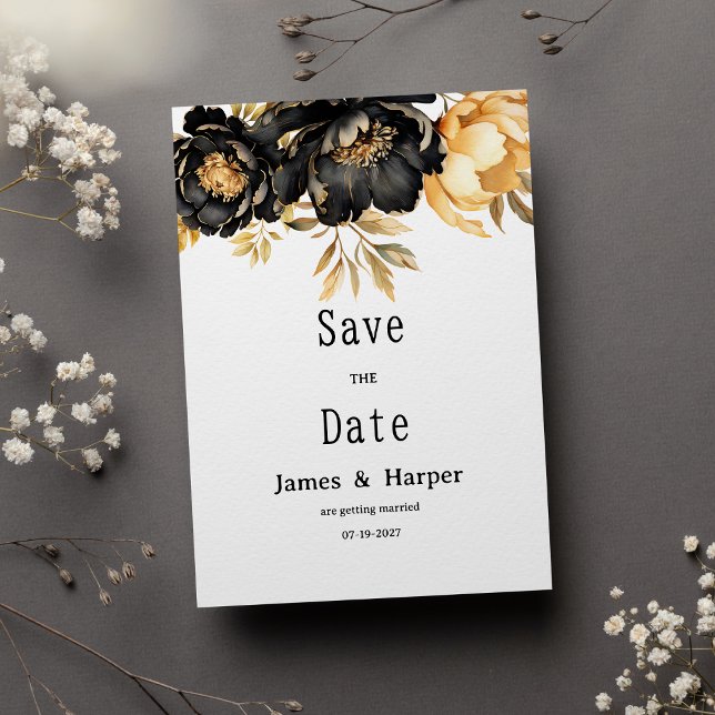 Luxury black ivory gold peony floral Save the Date Inbjudningar (Luxury black ivory gold peony floral Save the Date)