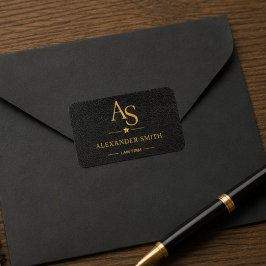 Luxury Black Leather Gold Monogram Business Brand Adressetikett