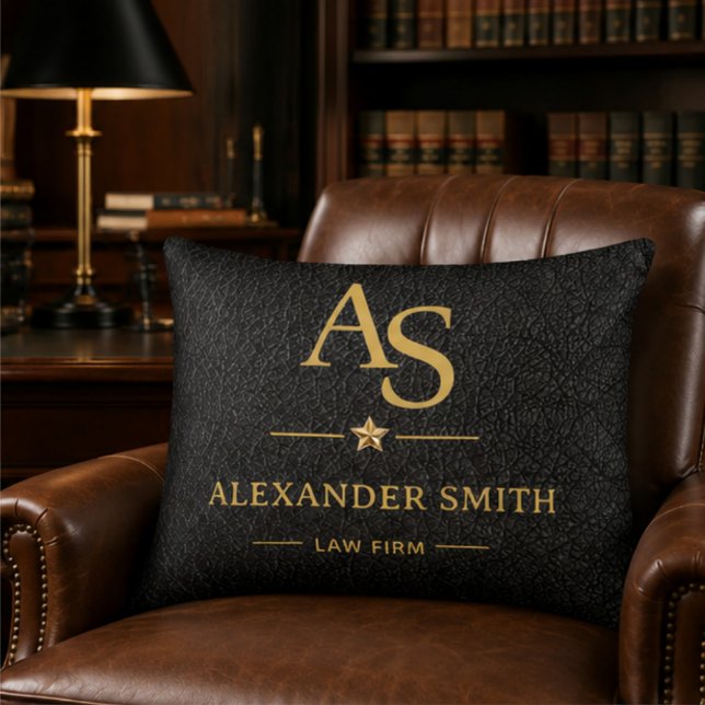 Luxury Black Leather Gold Monogram Business Brand Prydnadskudde (Skapare uppladdad)