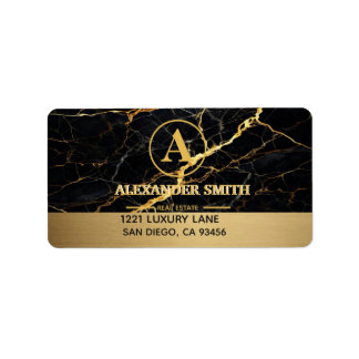 Luxury Black Marble Gold Monogram Business Brand Adressetikett