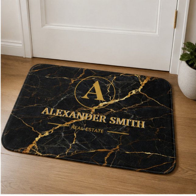 Luxury Black Marble Gold Monogram Business Brand Badrumsmatta (Skapare uppladdad)