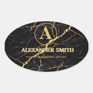 Luxury Black Marble Gold Monogram Business Brand Ovalt Klistermärke