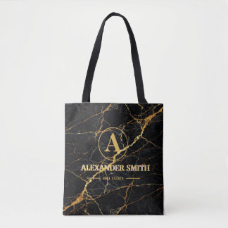 Luxury Black Marble Gold Monogram Business Brand Tygkasse