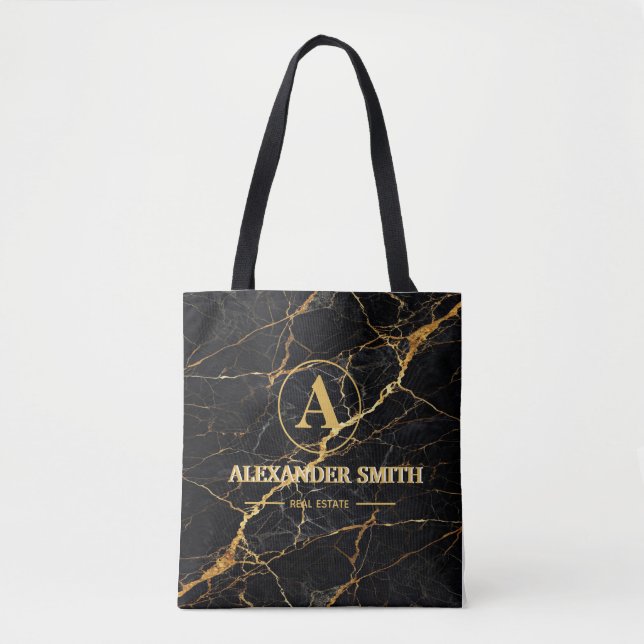Luxury Black Marble Gold Monogram Business Brand Tygkasse (Framsida)