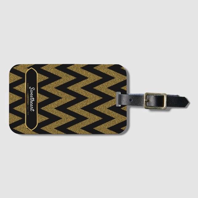 Luxury Black och Guld Chevron Mönster Bagagebricka (Framsida horisontal)