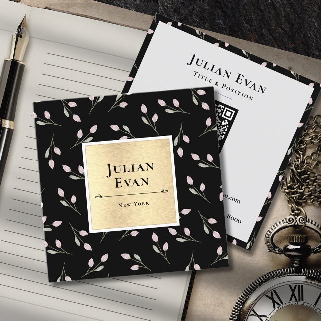 Luxury Black och Guld Flower Mönster Fyrkantigt Visitkort (Skapare uppladdad)