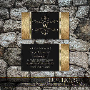 Luxury Black och Guld Glitter Ornamental Monogram Visitkort