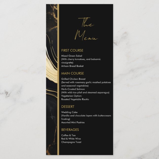 Luxury Black och Guld Marble Photo Bröllop Meny (Framsida)