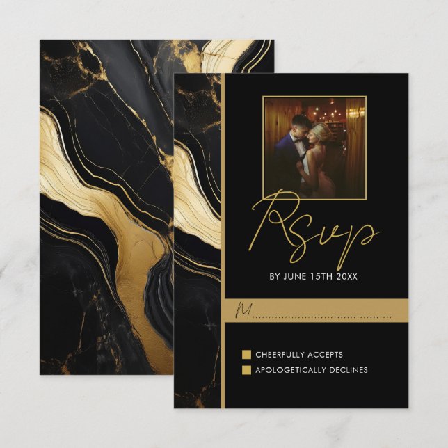 Luxury Black och Guld Marble Photo Bröllop OSA Kort (Fram/baksida)