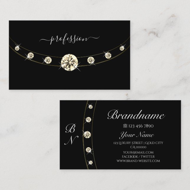 Luxury Black och Guld med Monogram Professionell Visitkort (Fram/baksida)