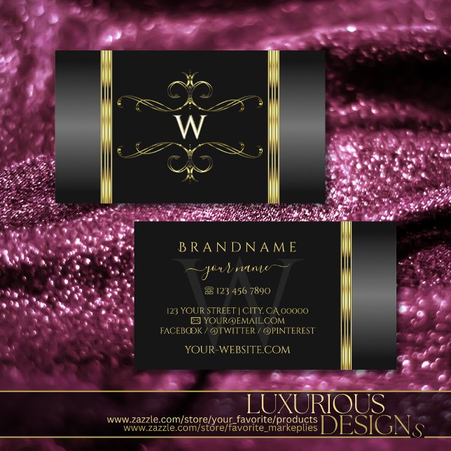 Luxury Black och Guld Ornate Monogram Ornamental Visitkort (Skapare uppladdad)