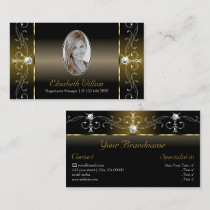 Luxury Black och Guld Squiggled Jewels med Photo Visitkort