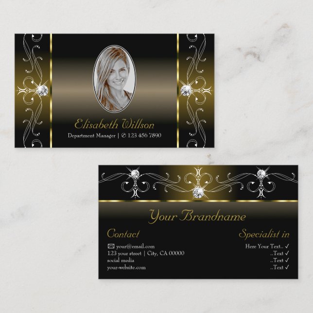 Luxury Black och Guld Squiggled Jewels med Photo Visitkort (Fram/baksida)