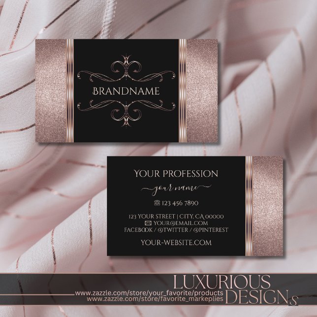 Luxury Black och Ro Guld Glitter Ornate Ornament Visitkort (Skapare uppladdad)