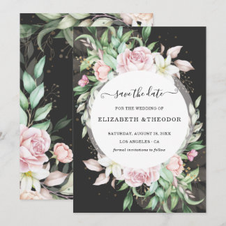 Luxury Black och Rosa Blommigt Bröllop Spara Datumet