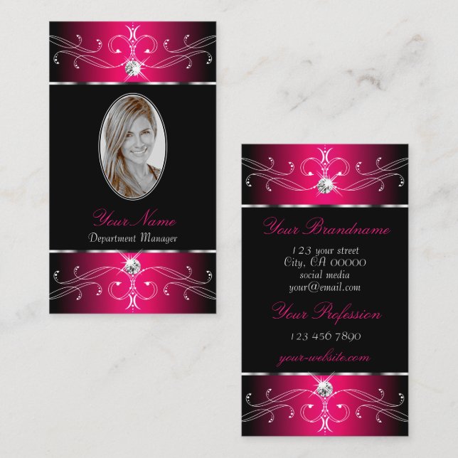 Luxury Black och Rosa Ornate Ornaments med Photo Visitkort (Fram/baksida)