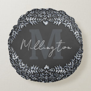 Luxury Black och Silver Diamond Monogram Rund Kudde