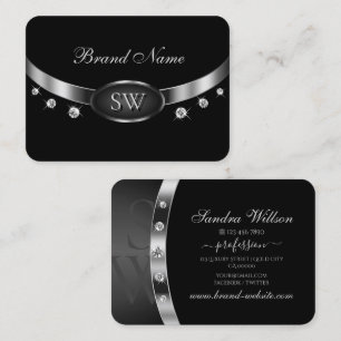 Luxury Black och Silver med Initialer Rhinestones Visitkort