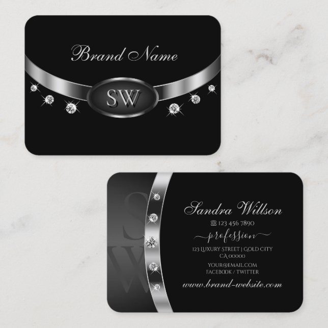 Luxury Black och Silver med Initialer Rhinestones Visitkort (Fram/baksida)