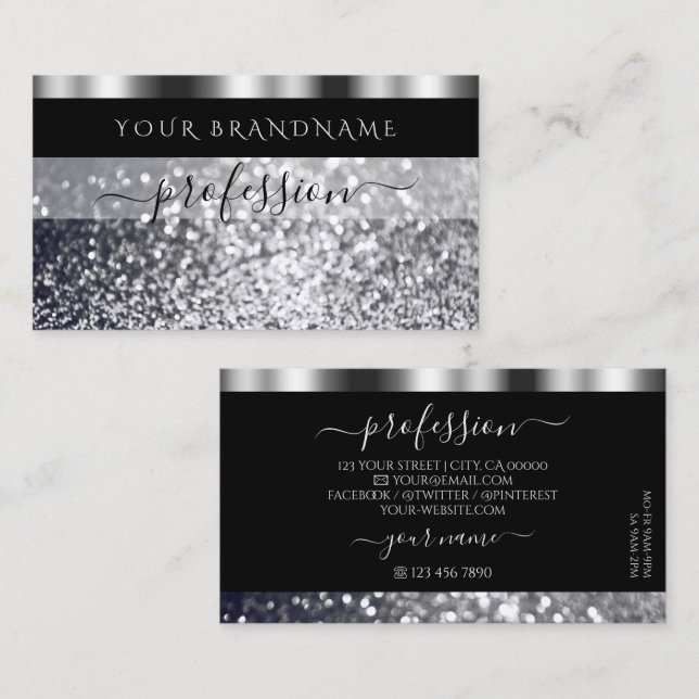 Luxury Black och Silver Sparkling Glitter Shimmery Visitkort (Fram/baksida)