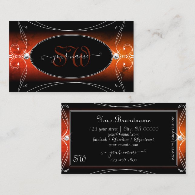 Luxury Black Orange Ornate Gnistra Jewels Monogram Visitkort (Fram/baksida)