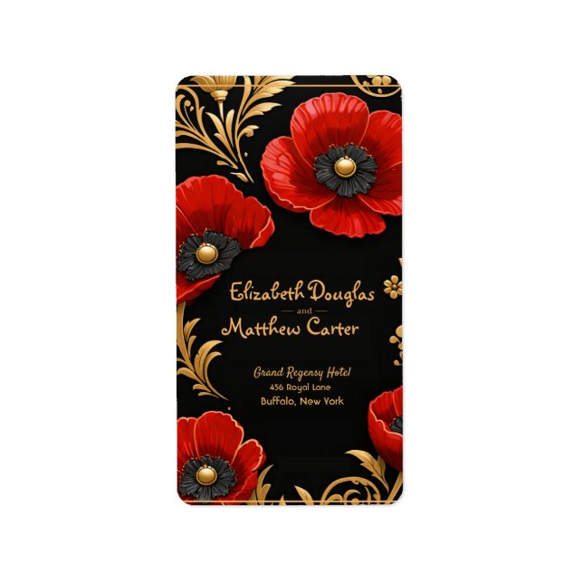 Luxury Black Red and Gold Floral Wedding  Adressetikett (Framsidan)