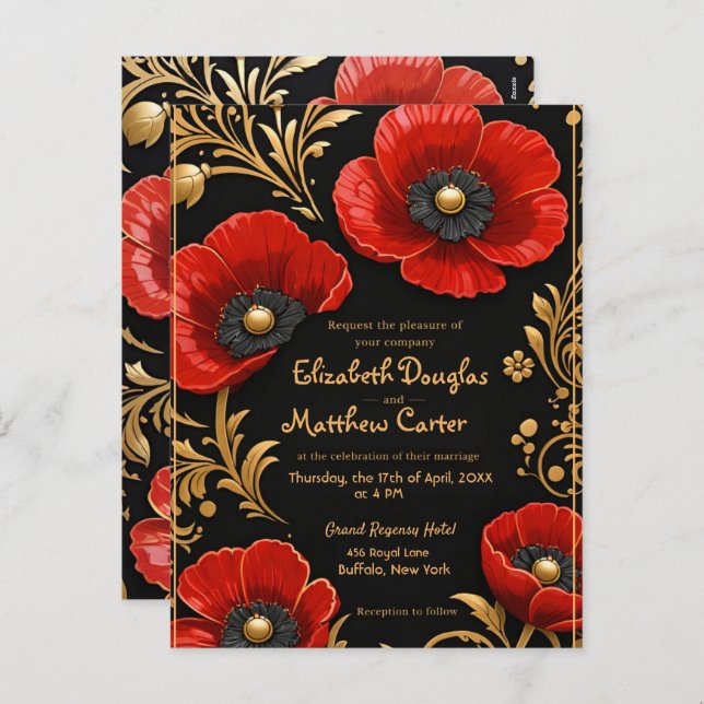 Luxury Black Red and Gold Floral Wedding  Helg Vykort (Fram/baksida)