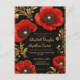 Luxury Black Red and Gold Floral Wedding Helg Vykort