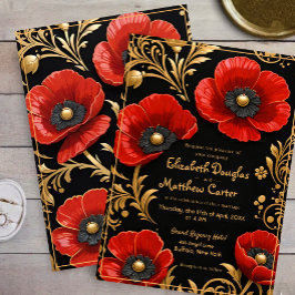 Luxury Black Red and Gold Floral Wedding Inbjudningar