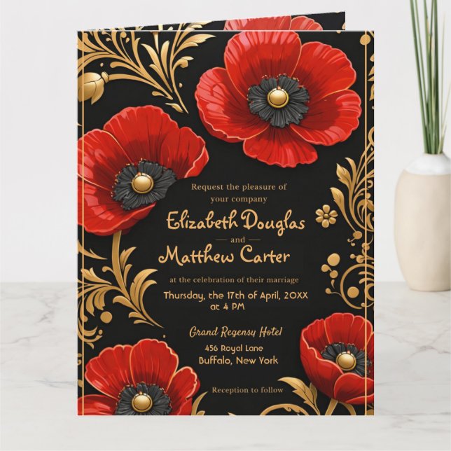 Luxury Black Red and Gold Floral Wedding  Tack Kort (Framsida)