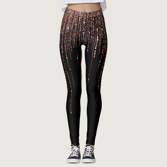 Luxury Black Ro Guld Sparkly Glitter Fringe Leggings (Framsida)
