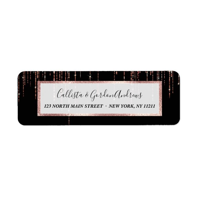 Luxury Black Ro Guld Sparkly Glitter Fringe Returadress Etikett (Framsidan)