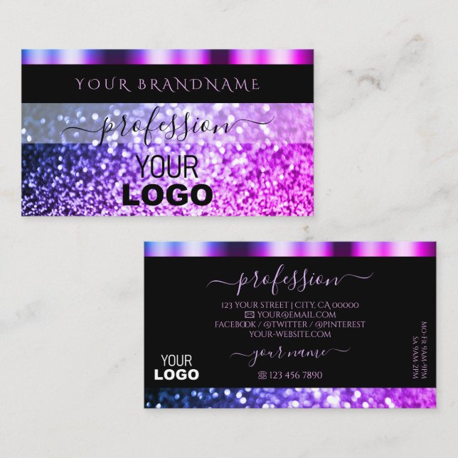 Luxury Black Rosa Lila Gnistra Glitter med Logotyp Visitkort (Fram/baksida)