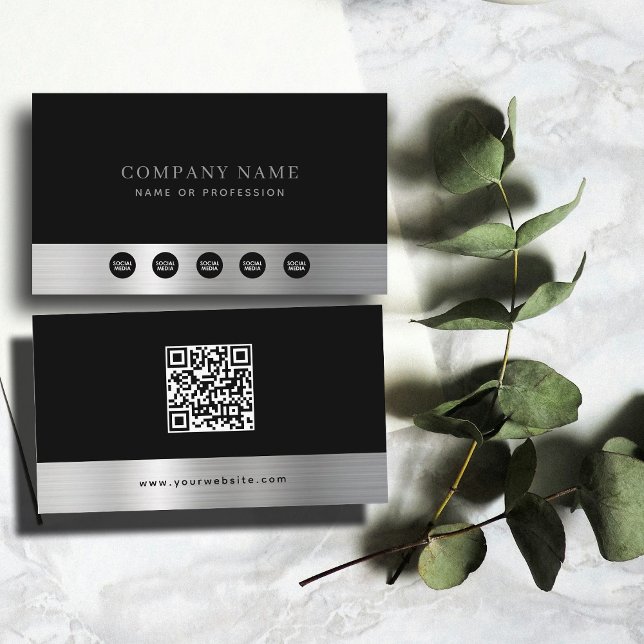 Luxury Black Silver Company Social Media & QR Code Visitkort (Luxury Black Silver Company Social Media & QR Code Business Card)