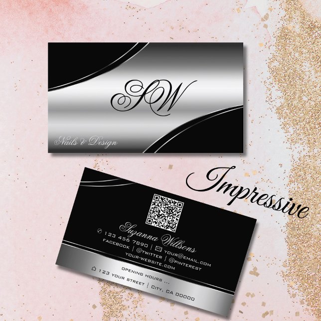 Luxury Black Silver Curved Linjer Monogram QR-kod Visitkort (Skapare uppladdad)