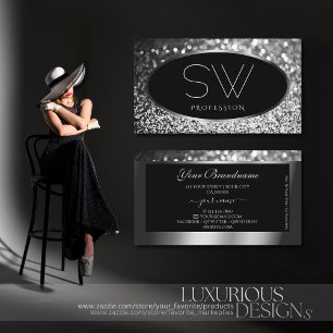 Luxury Black Silver Gnistra Glitter med Monogram Visitkort