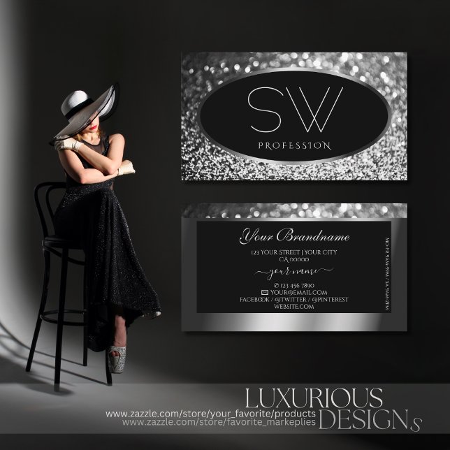 Luxury Black Silver Gnistra Glitter med Monogram Visitkort (Skapare uppladdad)