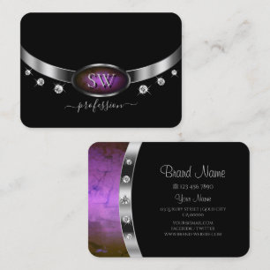 Luxury Black Silver Lila Marble Monogram Diamond Visitkort