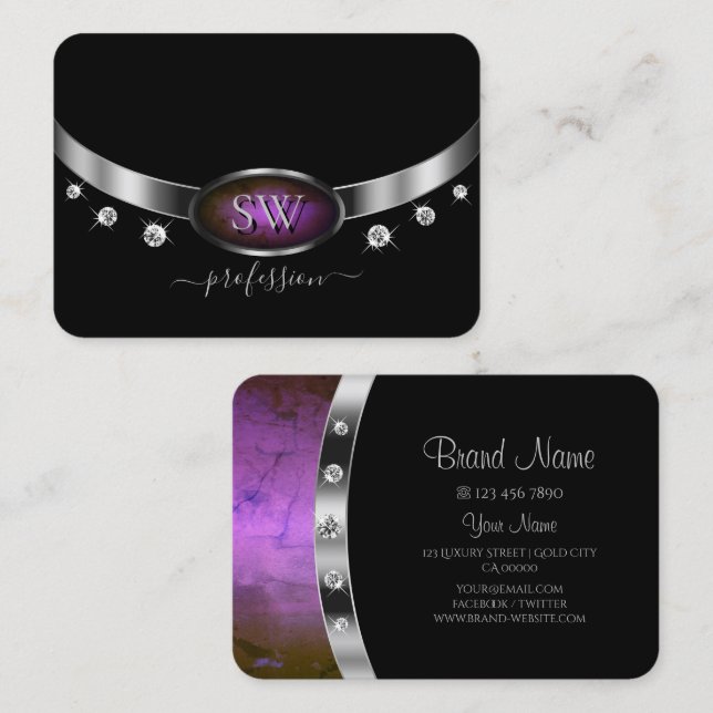 Luxury Black Silver Lila Marble Monogram Diamond Visitkort (Fram/baksida)