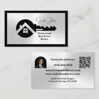 Luxury Black & Silver QR Code Photo Real Estate Visitkort