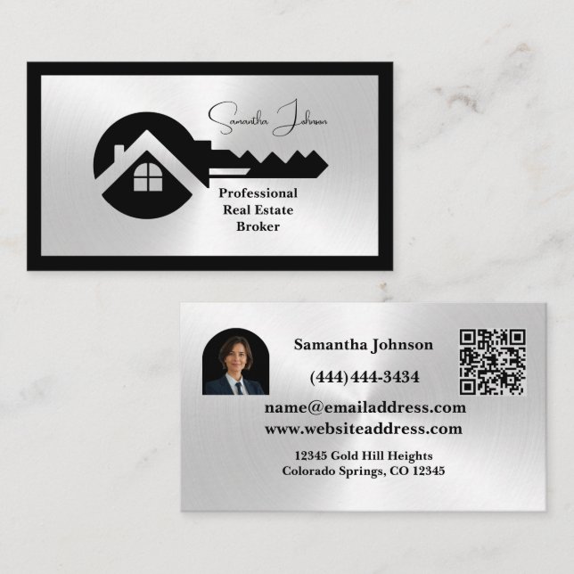 Luxury Black & Silver QR Code Photo Real Estate  Visitkort (Fram/baksida)